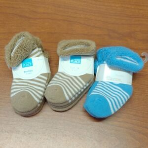 The Children's Place Cozy Blue and Brown Bootie Socks 3 Packs (6 Pair)